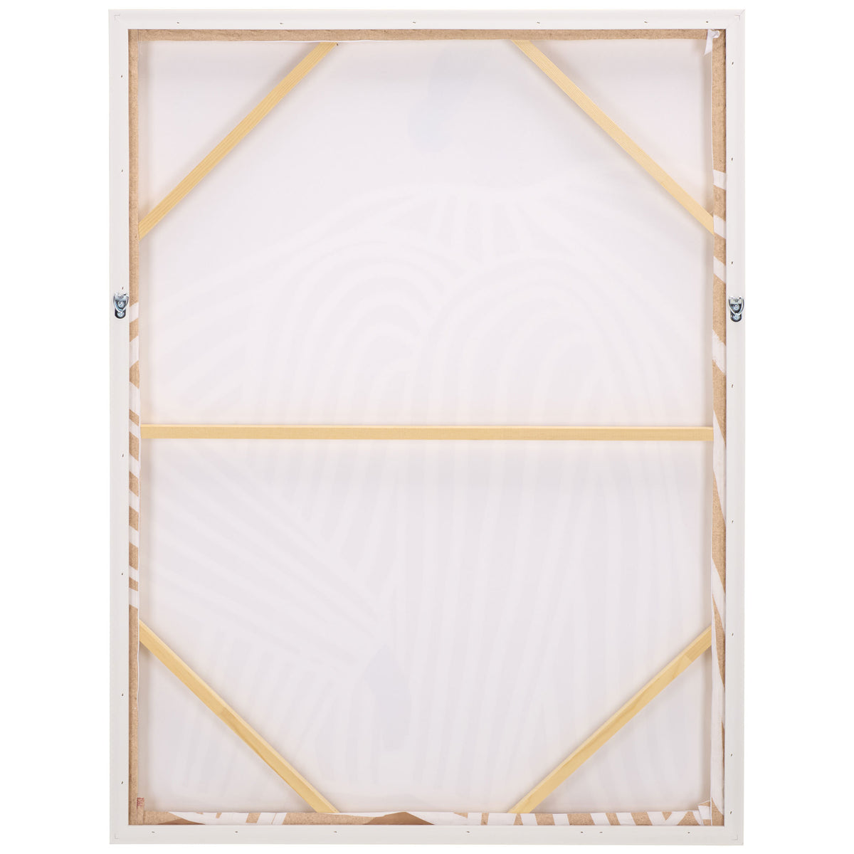 Wooden braces and metal hanging hooks provide support for this vertically framed canvas || WLA3040A || back_studio
