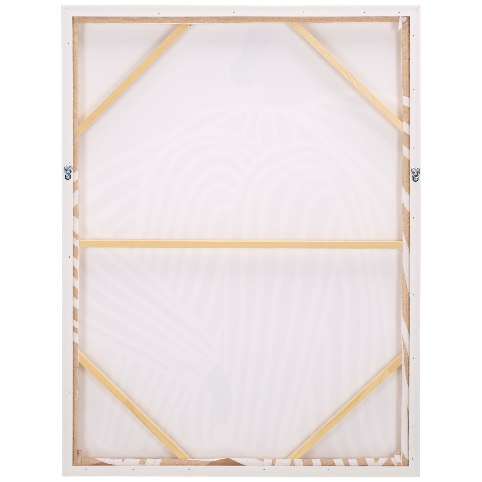 Wooden braces and metal hanging hooks provide support for this vertically framed canvas || WLA3040A || back_studio
