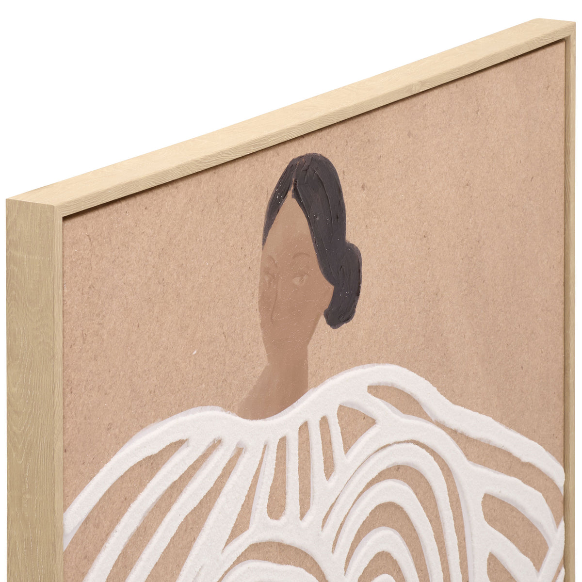A softly rendered face and textured white curves bring depth to a tan canvas in a light-toned frame || WLA3040A || detail_studio