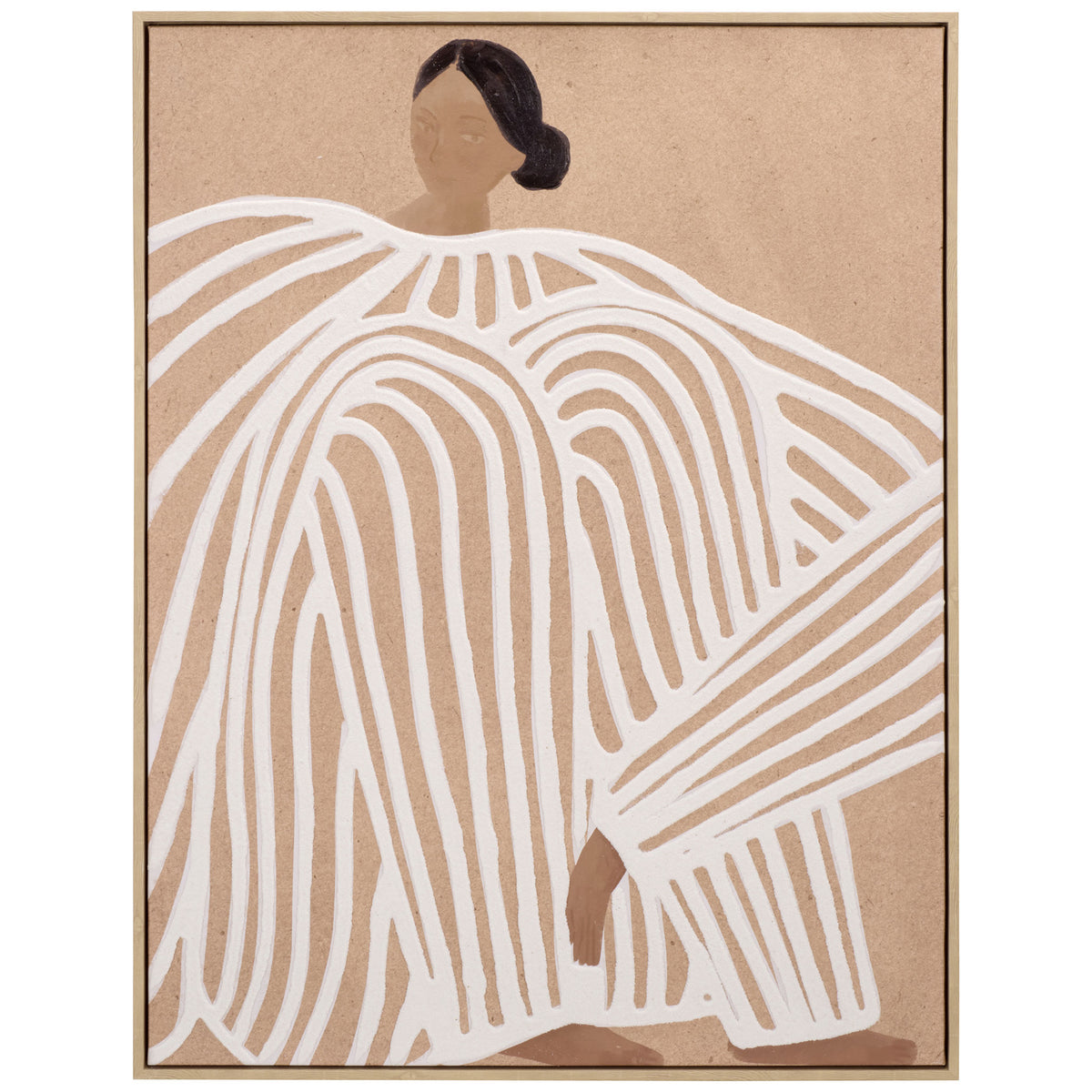 A poised figure in a flowing white patterned garment adds graceful movement to warm tan framed wall art || WLA3040A || front_studio