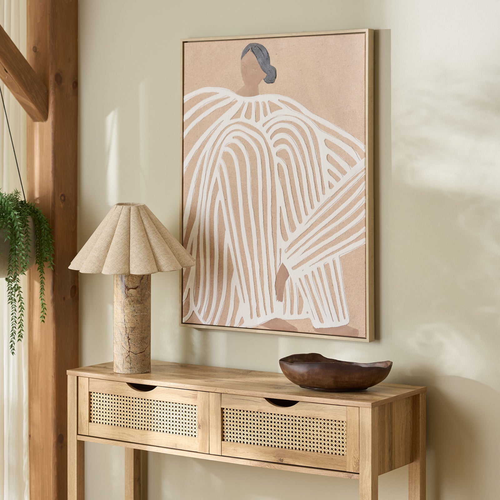 Flowing white lines and soft tan tones bring calm, expressive style to a space with natural wood accents || WLA3040A || front_angle_room