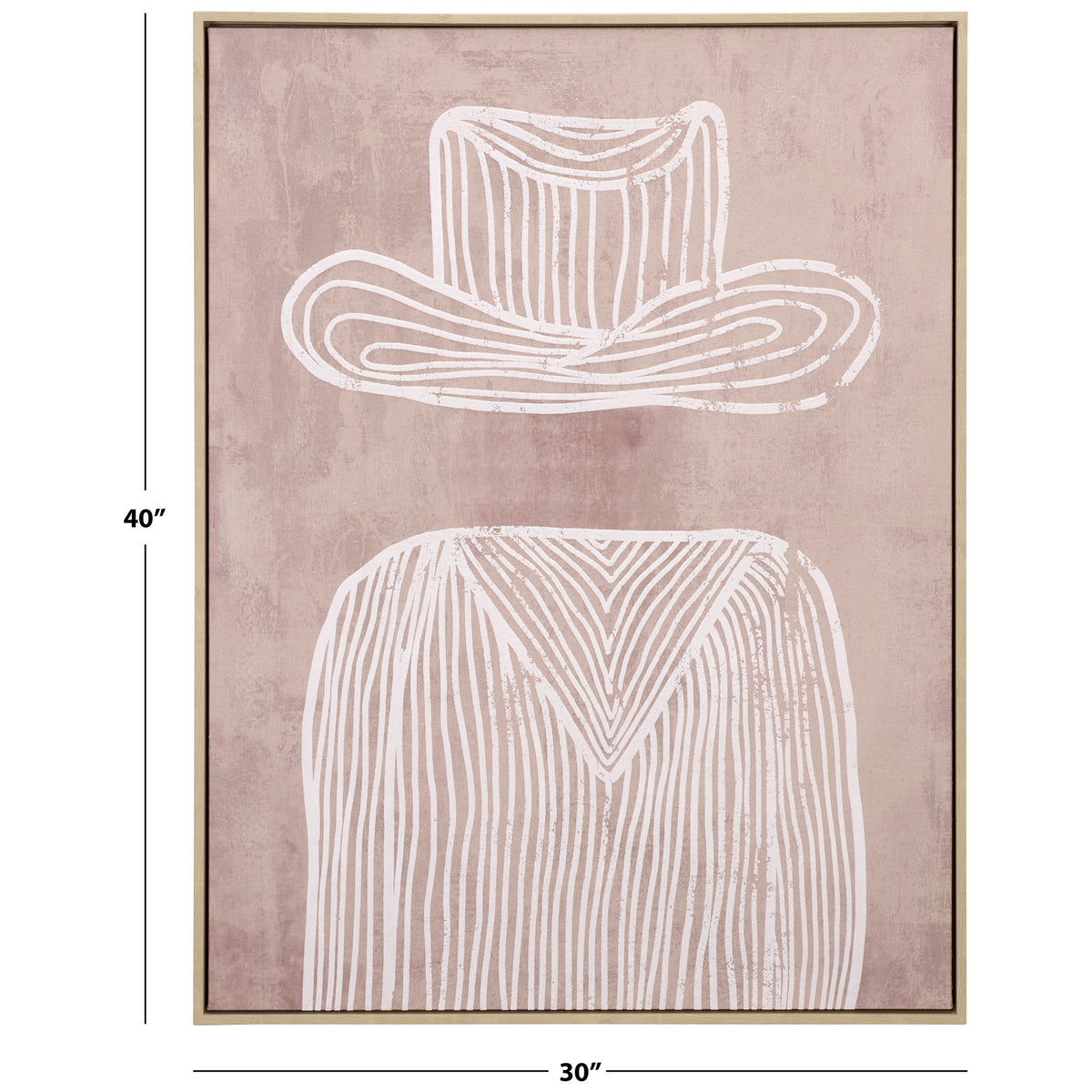A 30-by-40-inch frame surrounds white cowboy hat and striped shirt linework on mauve canvas. || WLA3041A || dimension_studio
