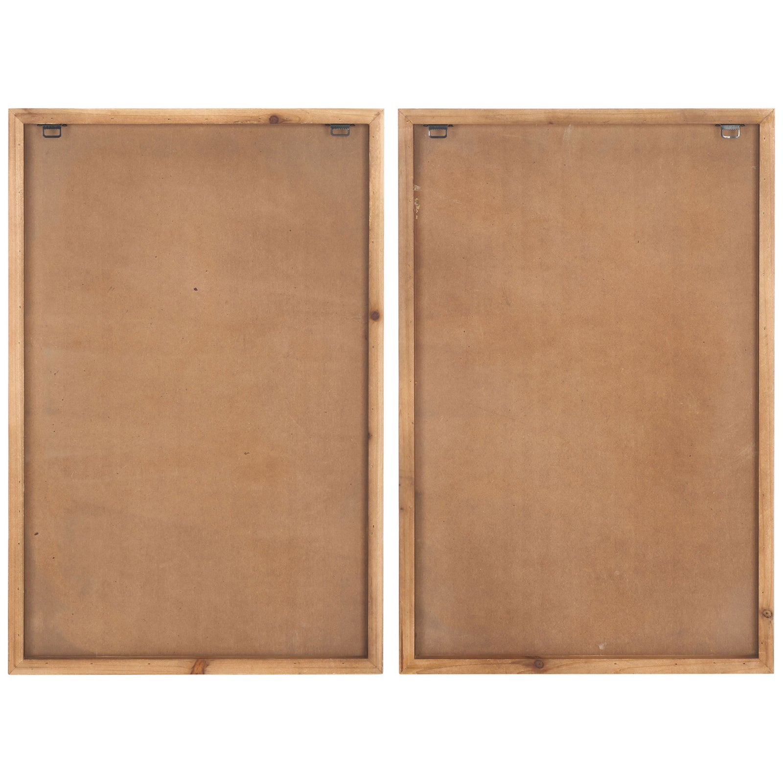 Two wood-framed panels have warm brown backing and discreet metal hanging hooks || WLA9001A-SET2 || back_studio