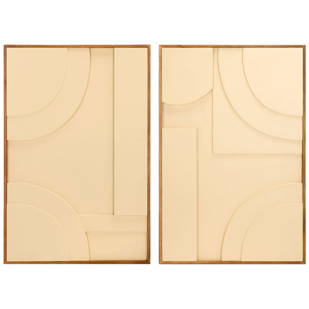 Two cream geometric relief panels unite graceful curves, straight lines, and warm wood frames || WLA9001A-SET2 || front_studio