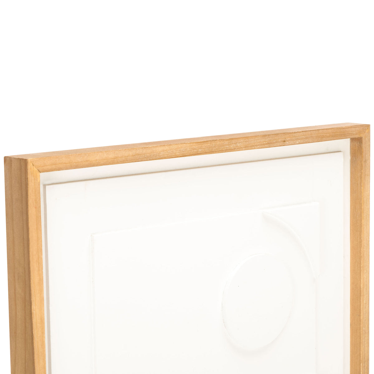 Raised white geometric shapes add sculptural dimension inside a light wood frame || WLA9002A || detail_studio