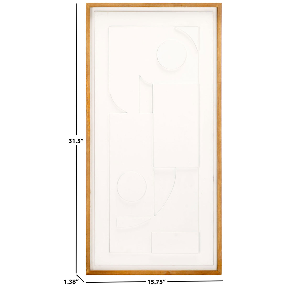 White geometric art in a light wood frame measures 15.75 inches wide, 31.5 inches high, and 1.38 inches deep || WLA9002A || dimension_studio