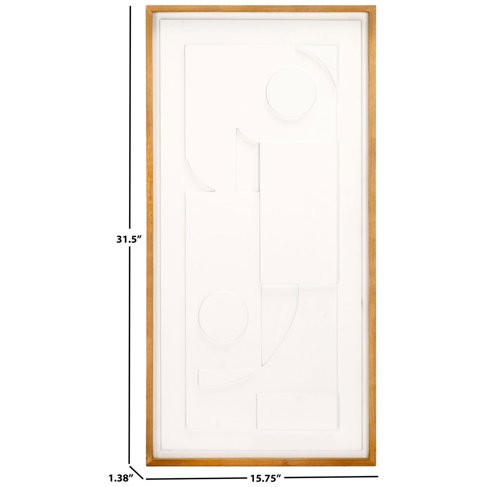 White geometric art in a light wood frame measures 15.75 inches wide, 31.5 inches high, and 1.38 inches deep || WLA9002A || dimension_studio