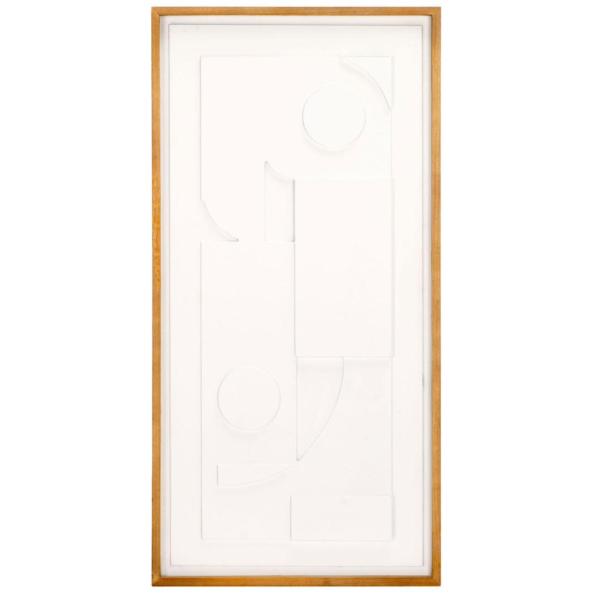 Raised white circles, arcs, and panels form a geometric relief within a light wood frame || WLA9002A || front_studio