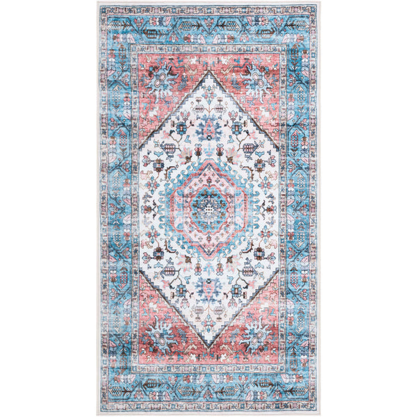 Turquoise and red area rug with crisp central medallion and decorative border || WPR322K-3 || top_studio