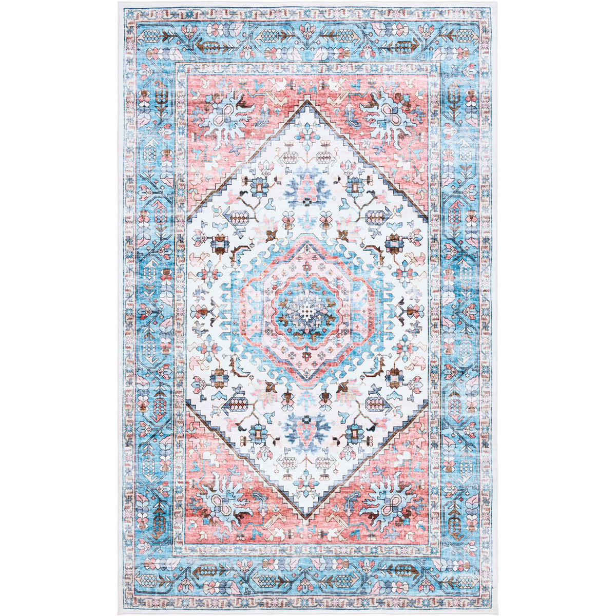 Turquoise and red medallion rug with ornate border and softly distressed wash for vintage charm || WPR322K-5 || top_studio