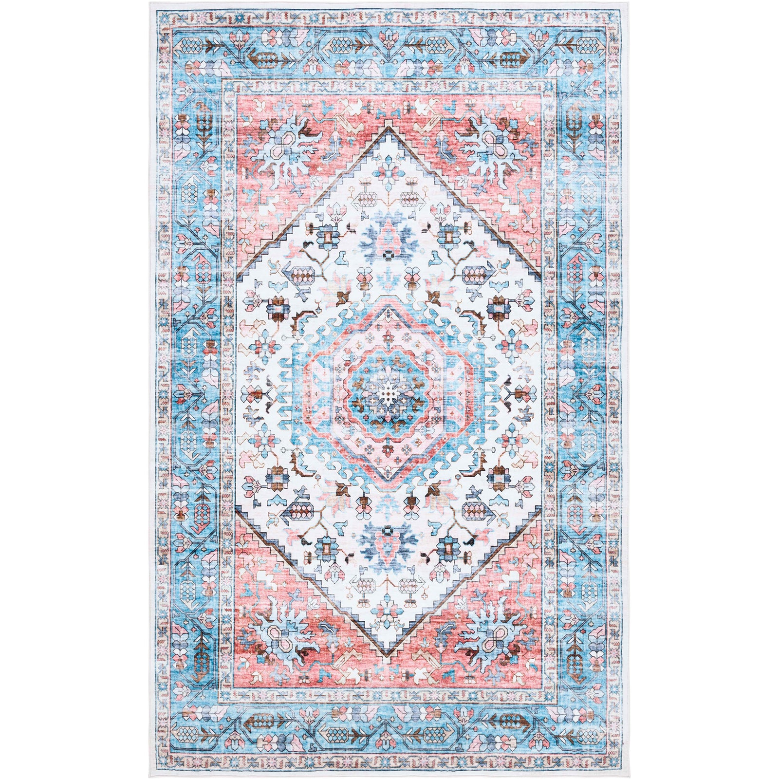 Turquoise and red medallion rug with ornate border and softly distressed wash for vintage charm || WPR322K-5 || top_studio