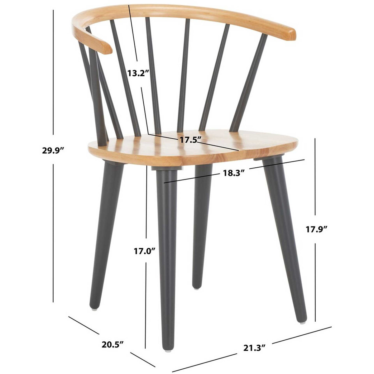 A 17.9-inch seat height pairs with a curved wood back and slim gray legs.
