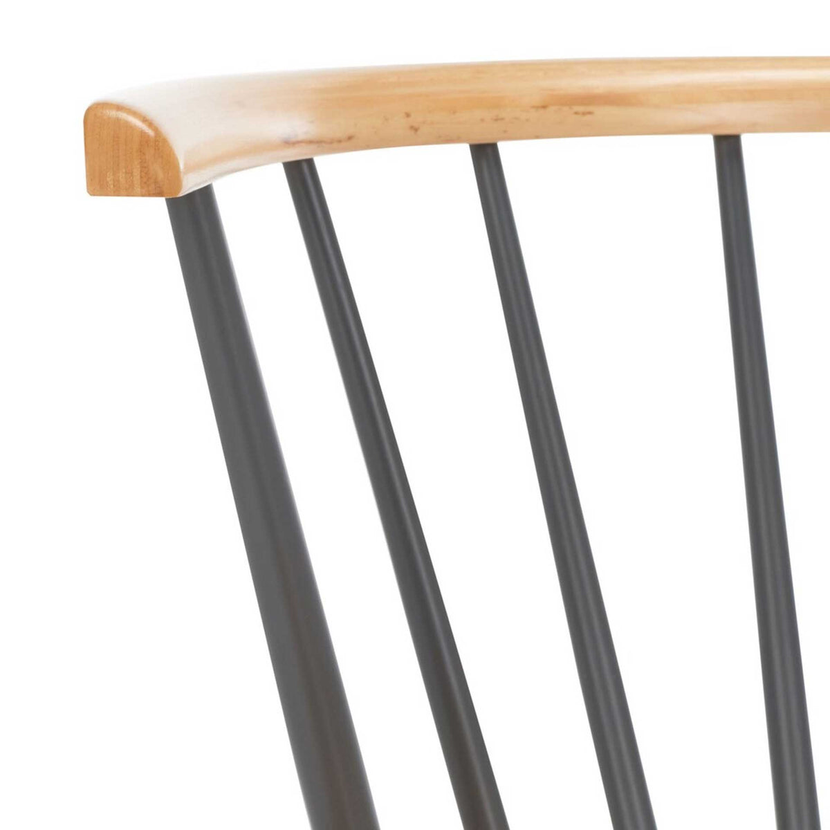 Warm wood tops the slim gray spindles for a crisp two-tone design.