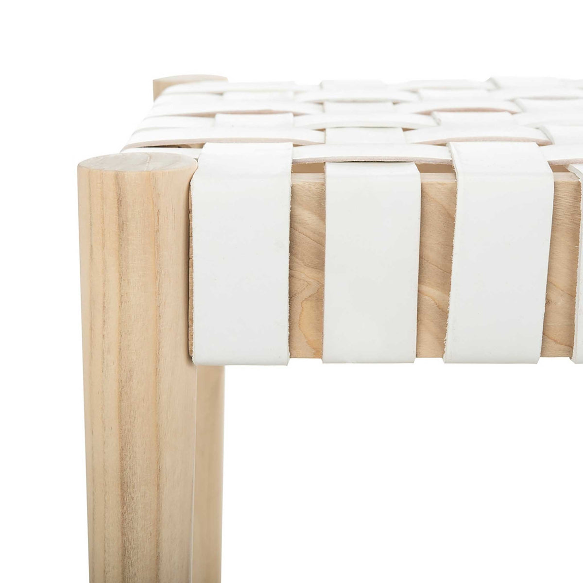 White leather straps wrap neatly around a pale wood seat rail beside a tapered leg.