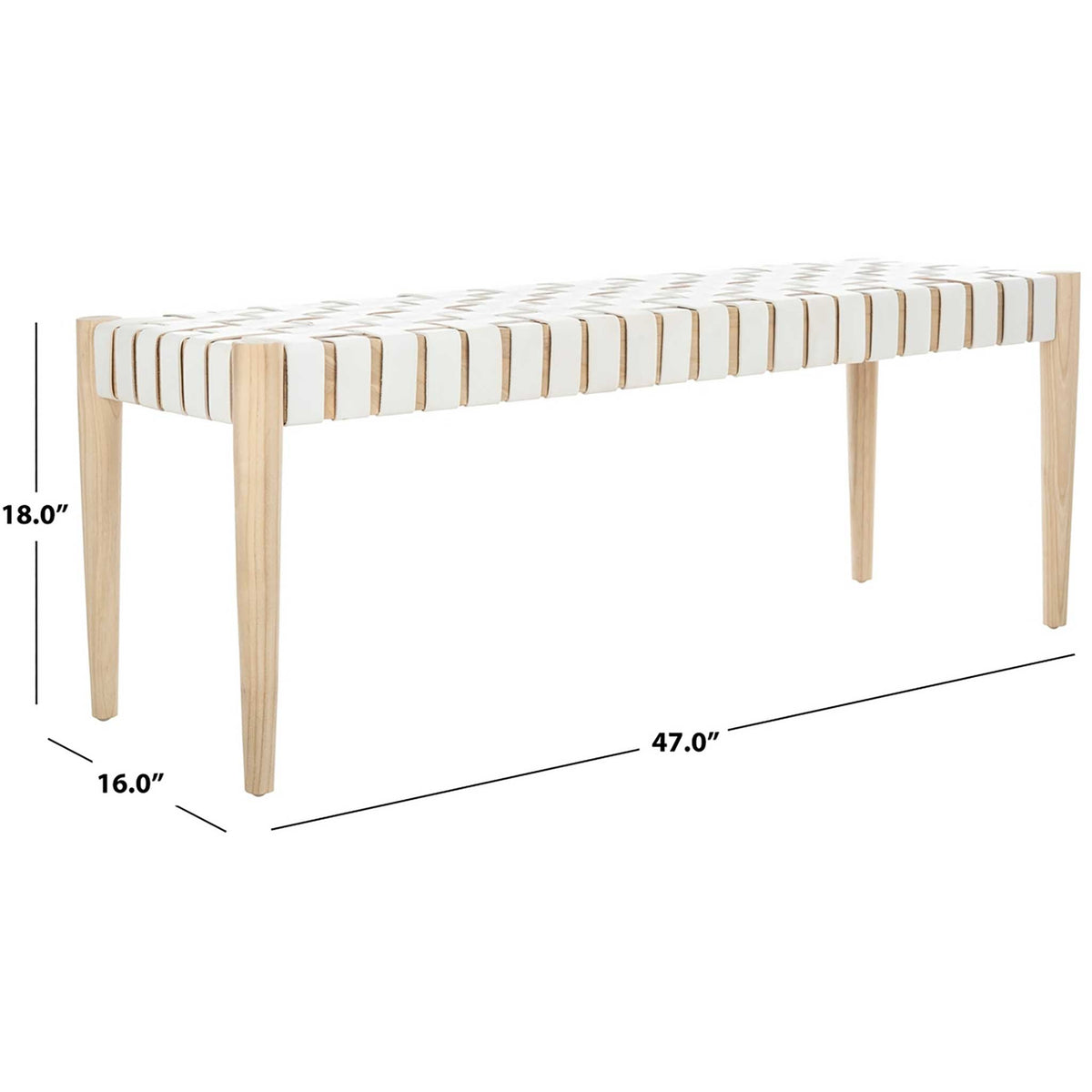 This white leather and pale wood bench measures 47 inches wide, 16 inches deep, and 18 inches high.