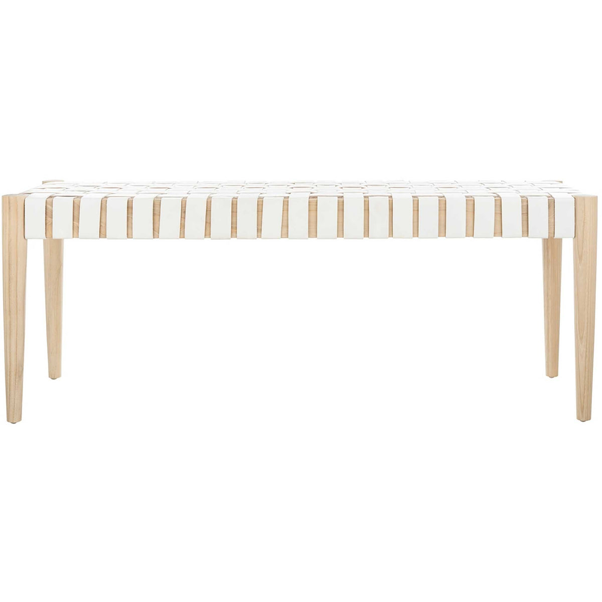 Crisp white leather straps form a woven seat above pale, tapered wood legs. || BCH1001B || front_studio