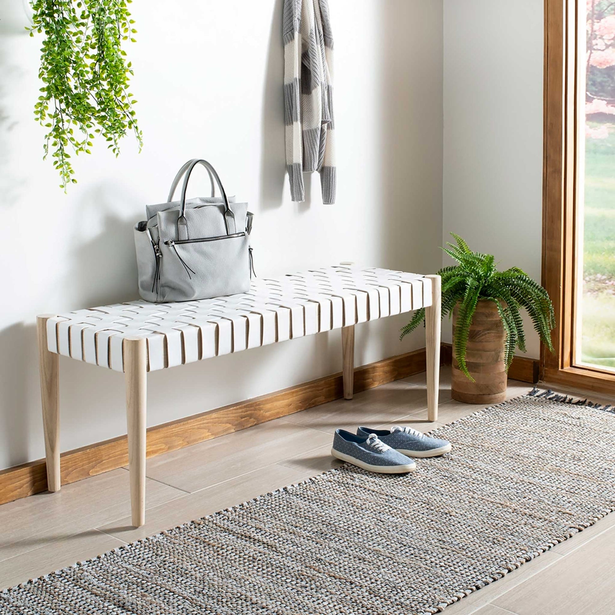 Amos Leather Weave Bench White/Light Oak