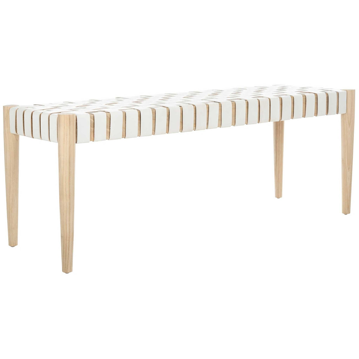 White woven leather brightens a long bench with a light oak-finished wood frame. || BCH1001B || front_angle_studio
