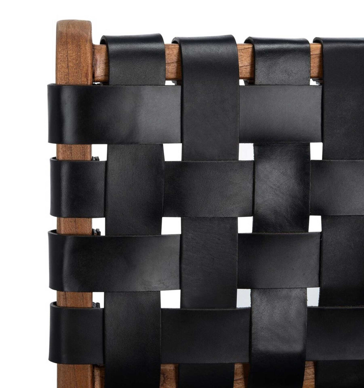 Wide black leather strips wrap around the natural wood backrest