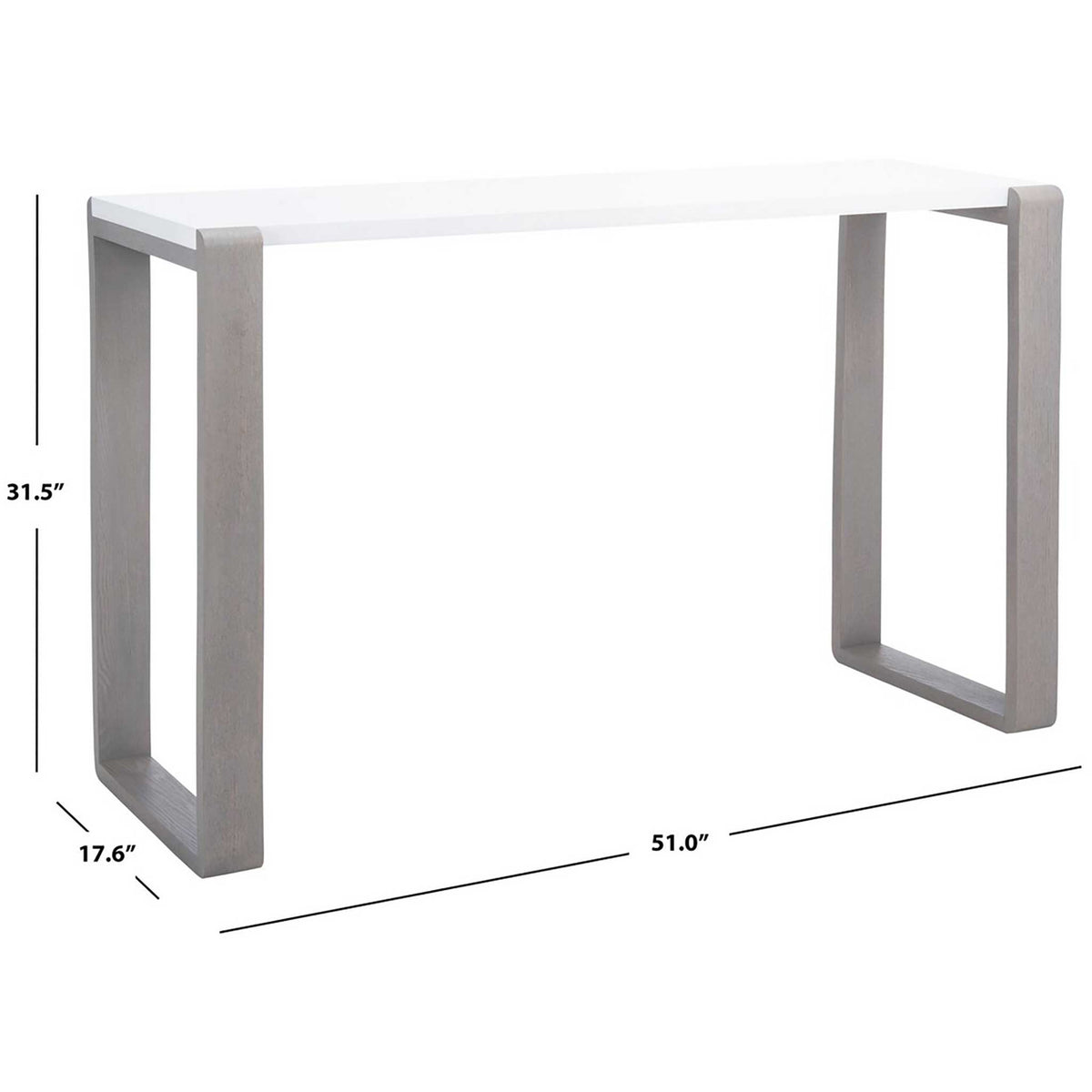 White and gray console table measures 51 inches wide, 17.6 inches deep, and 31.5 inches high