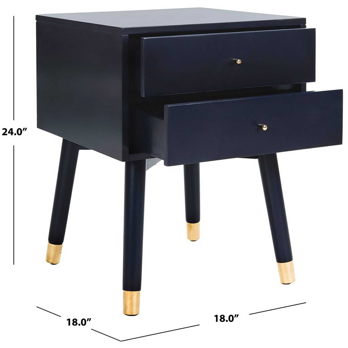 The two-drawer nightstand measures 18 inches wide and deep by 24 inches high