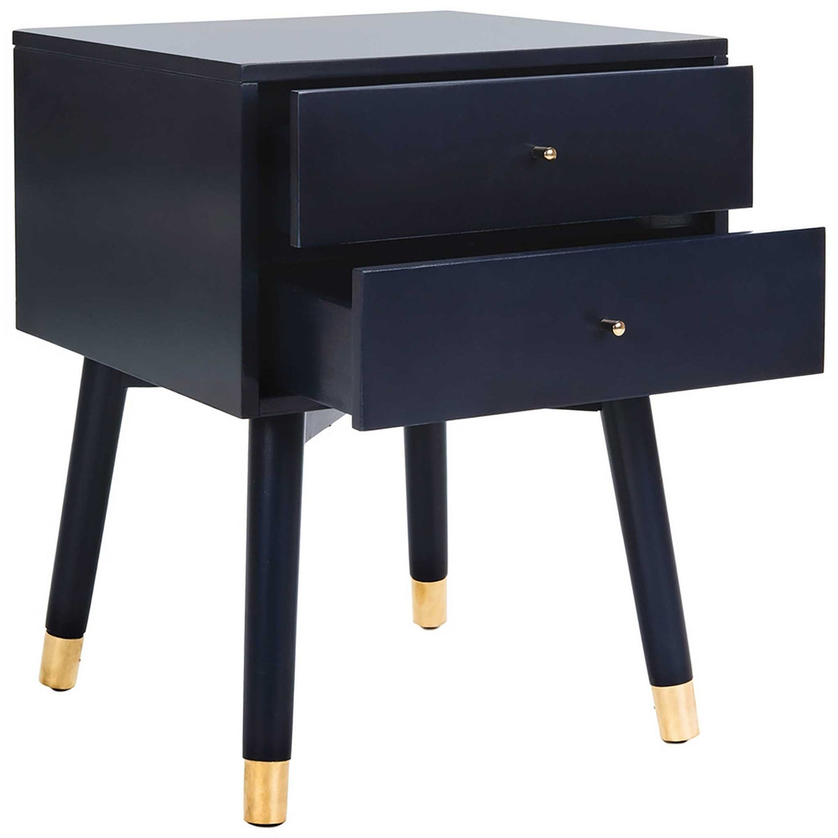 Two open drawers reveal handy bedside storage in a sleek navy cabinet
