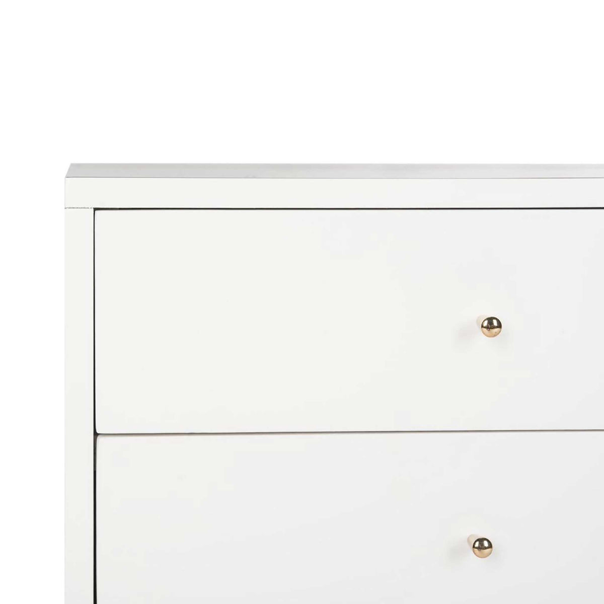 Slim dark outlines frame white drawer fronts with petite gold knobs