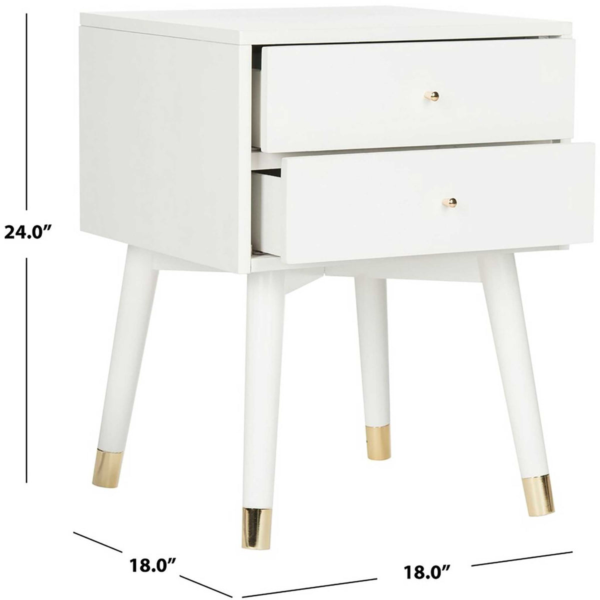 The white nightstand measures 18 inches wide and deep by 24 inches high