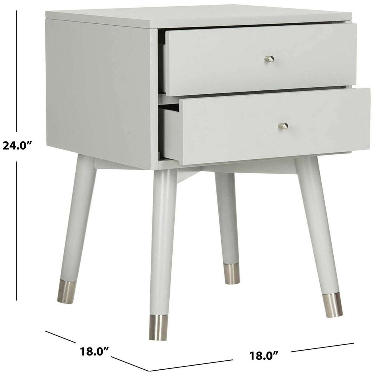 The gray two-drawer nightstand measures 18 inches wide and deep by 24 inches high