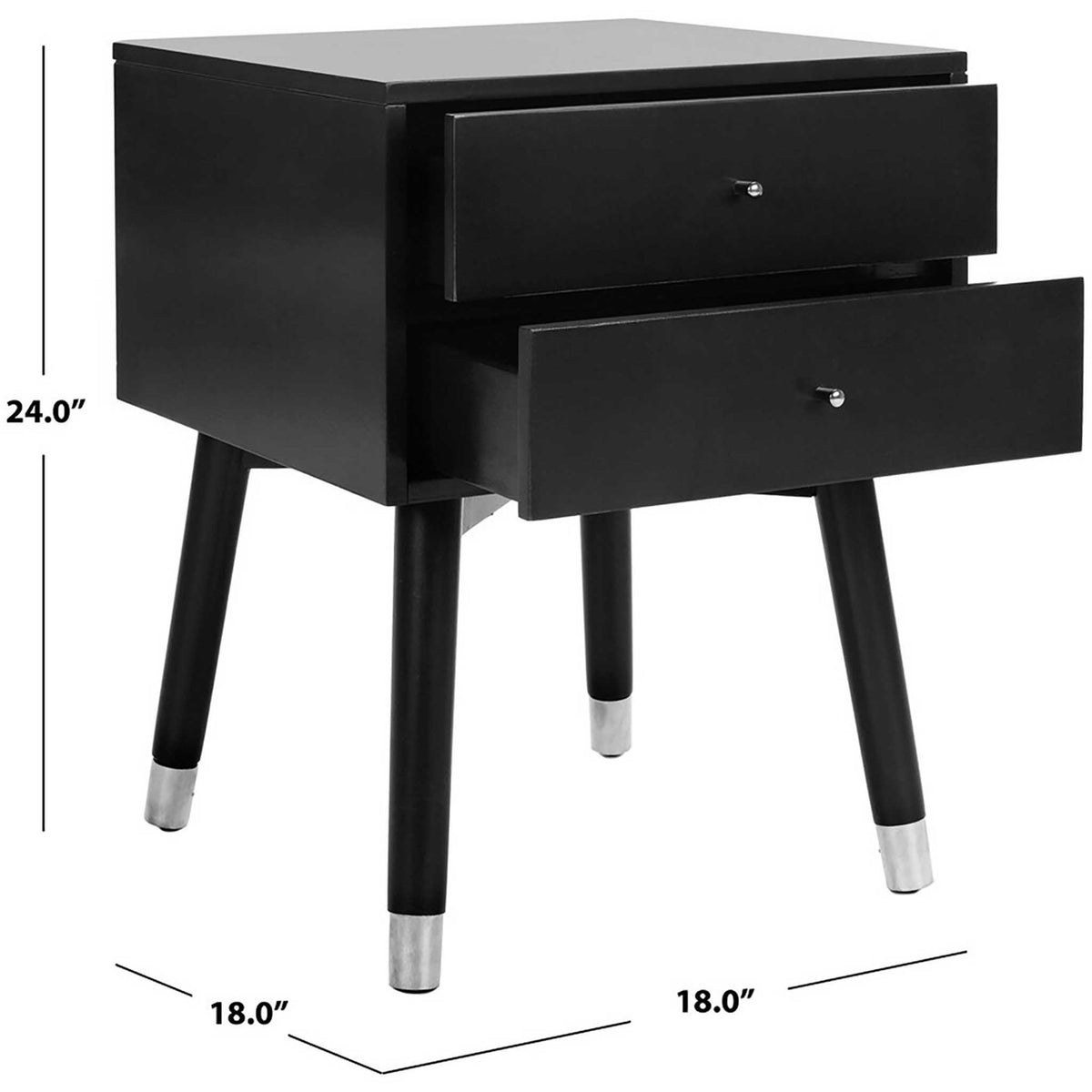 The black nightstand measures 18 inches wide and deep by 24 inches high