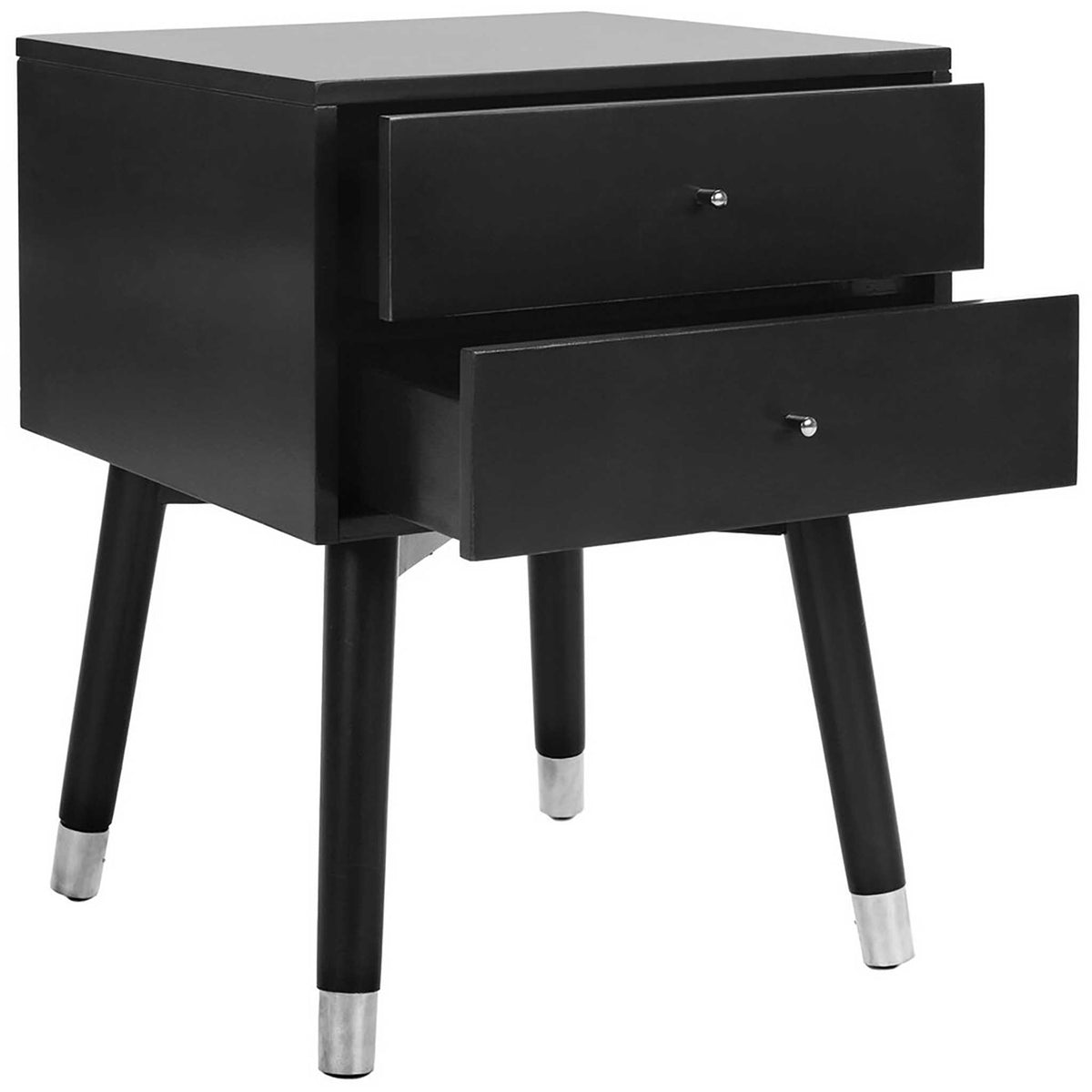 Open drawers offer easy access to bedside essentials in a black nightstand