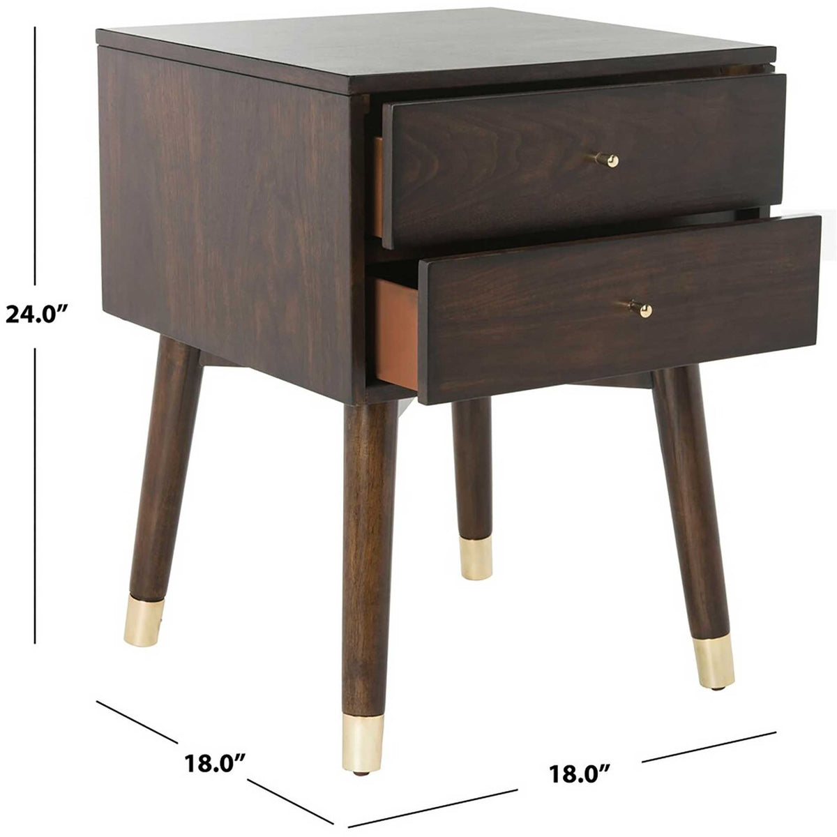 The walnut-finished nightstand measures 18 inches wide and deep by 24 inches high
