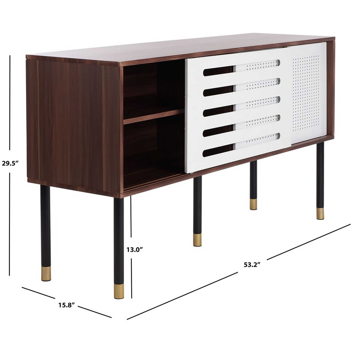 At 53.2 inches wide, the walnut-toned cabinet offers sliding storage above 13-inch legs.