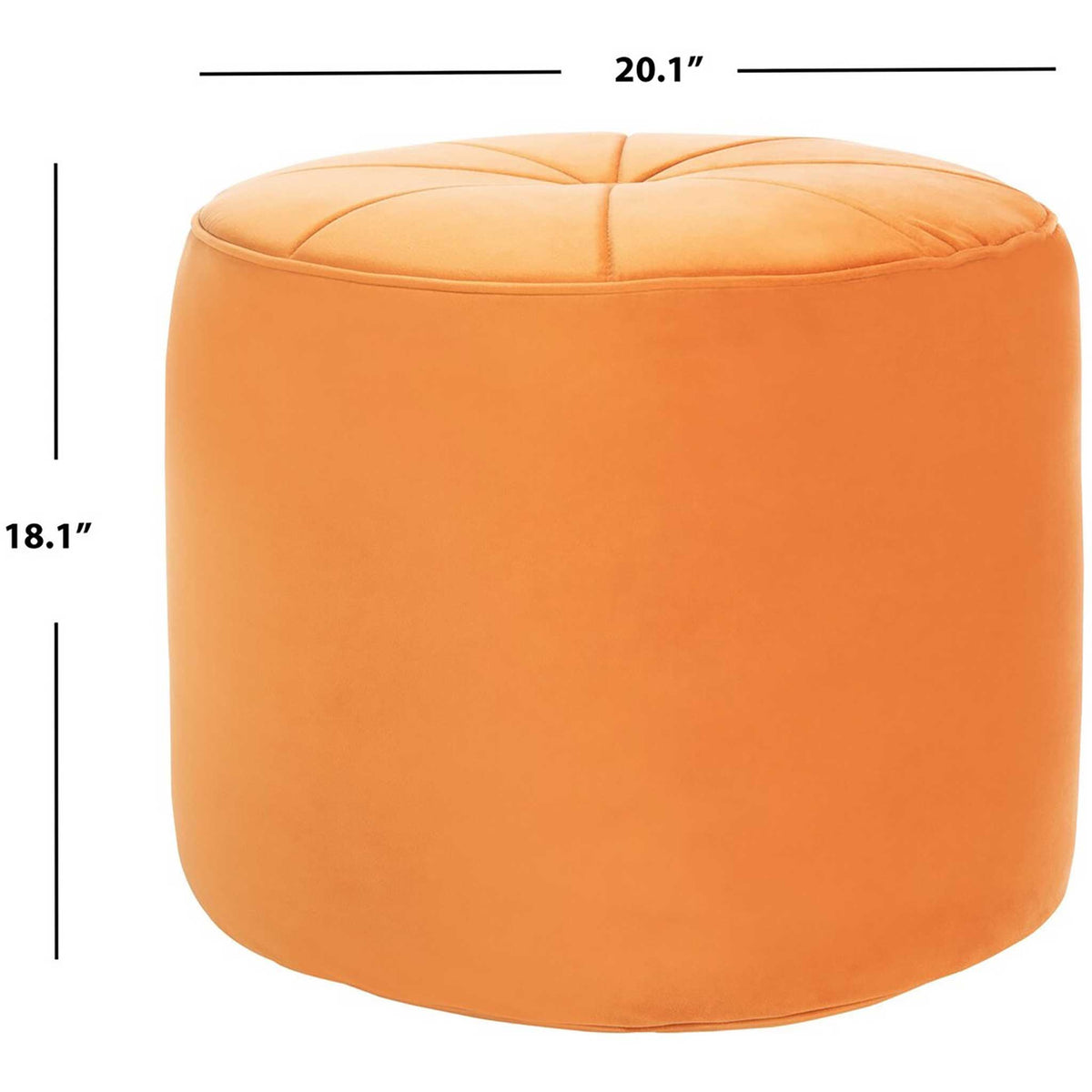 This orange velvet ottoman measures 20.1 inches wide and 18.1 inches high, with a tufted seat.
