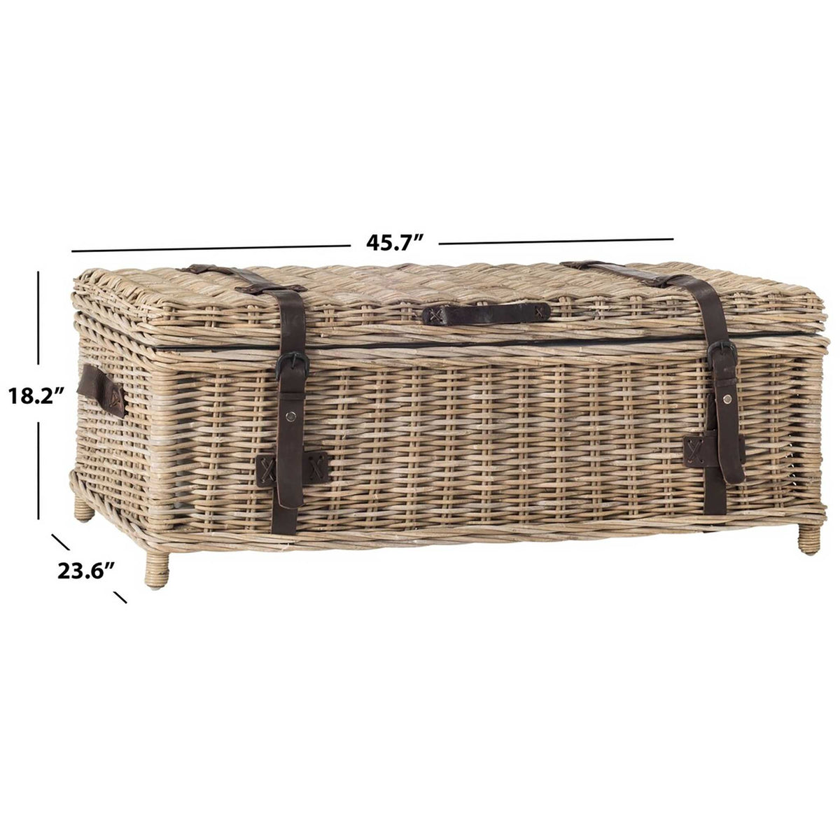 The woven storage trunk measures 45.7 inches wide, 23.6 inches deep, and 18.2 inches high