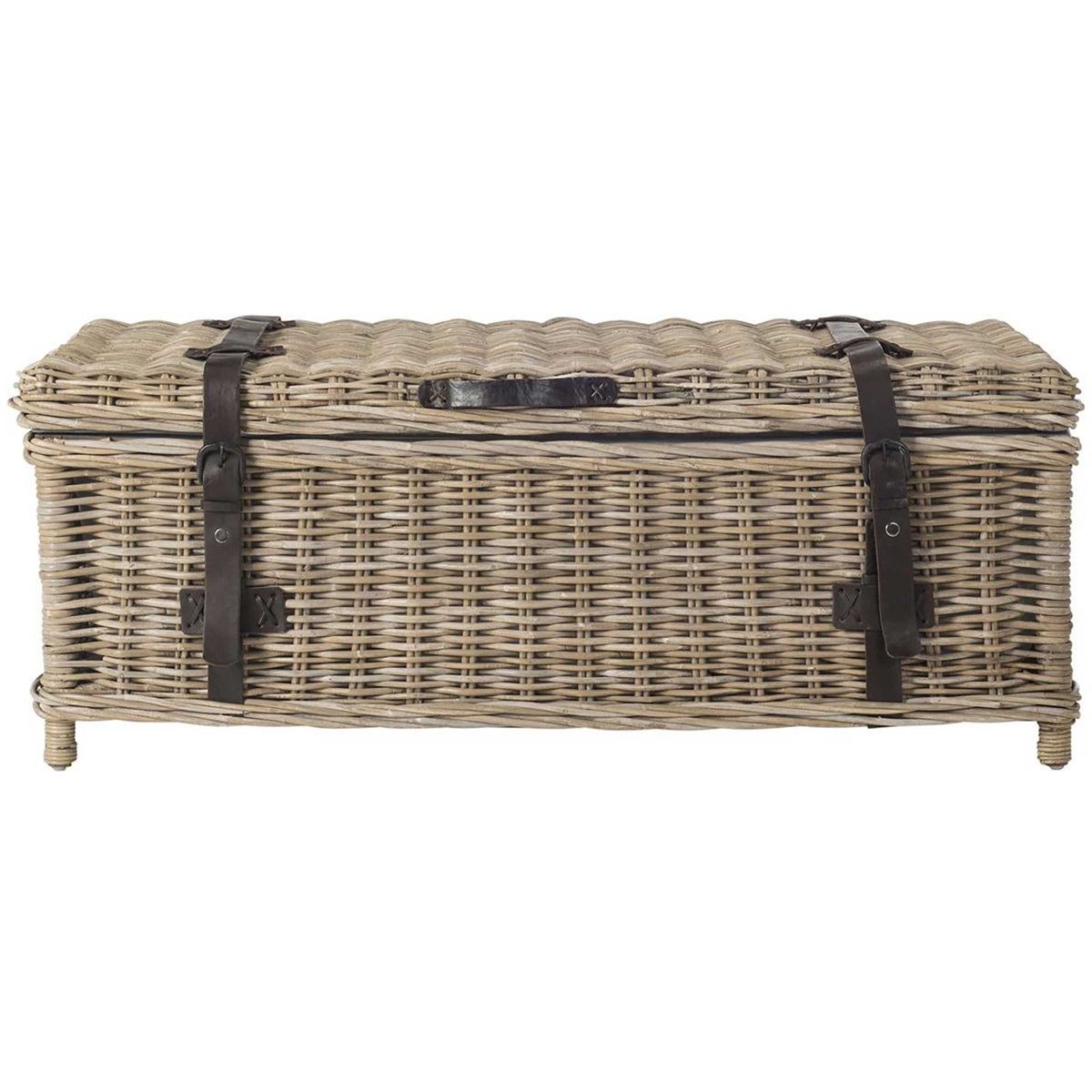 Gray rattan coffee table trunk features two dark buckle straps and a low, woven profile || SEA7022B || front_studio