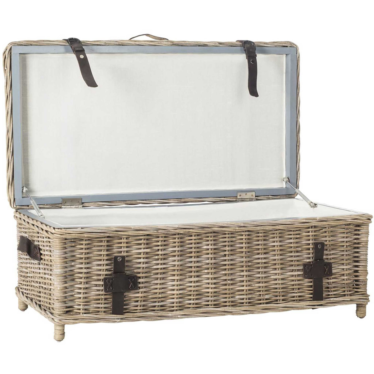 Gray rattan trunk opens to spacious, white fabric-lined storage beneath its hinged lid