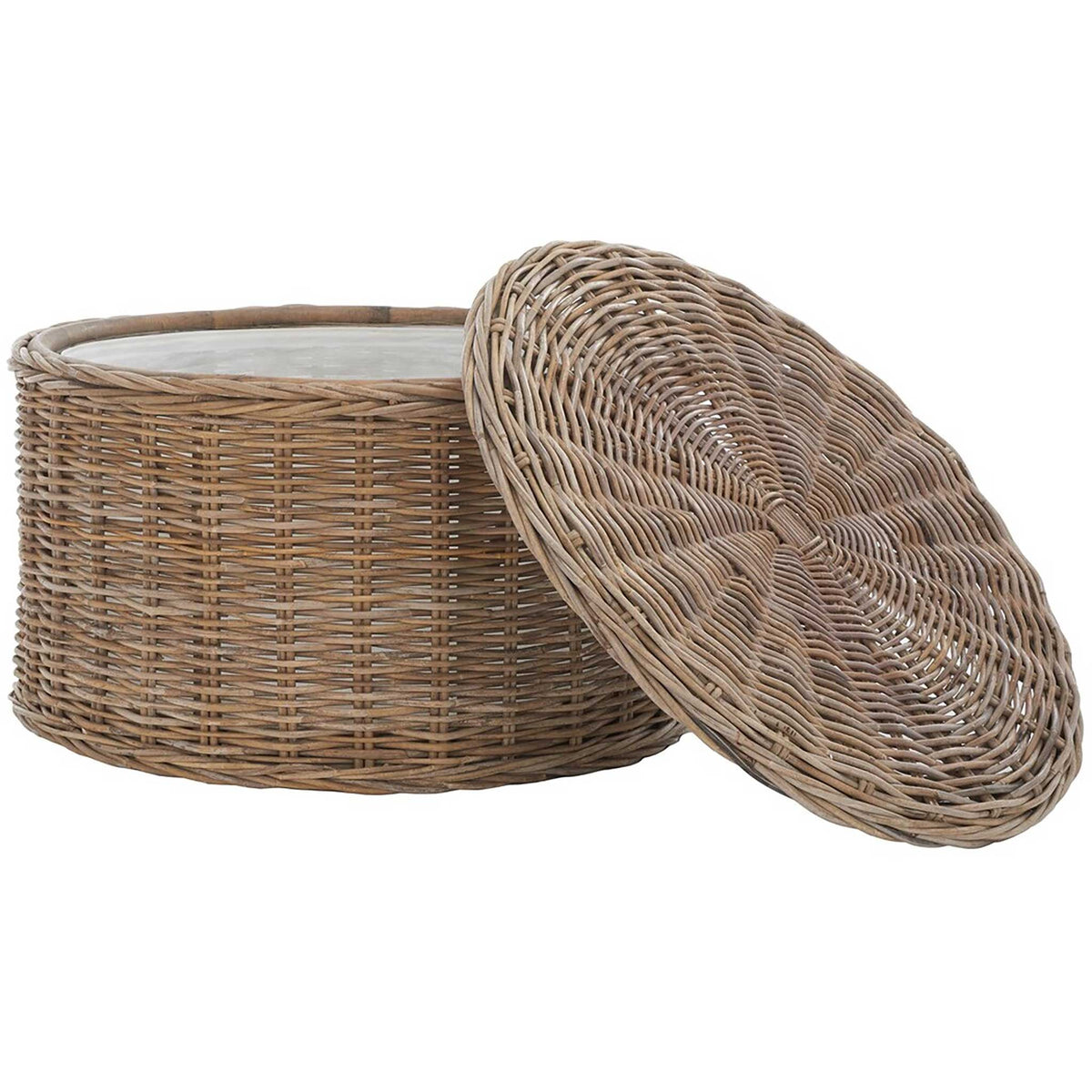A removable woven lid reveals the fabric-lined compartment inside the round coffee table.