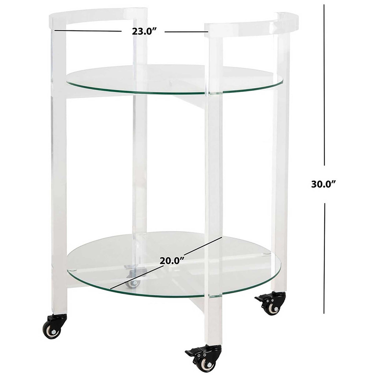 Clear acrylic bar cart measures 23 inches wide, 20 inches deep, and 30 inches high, with two glass tiers.