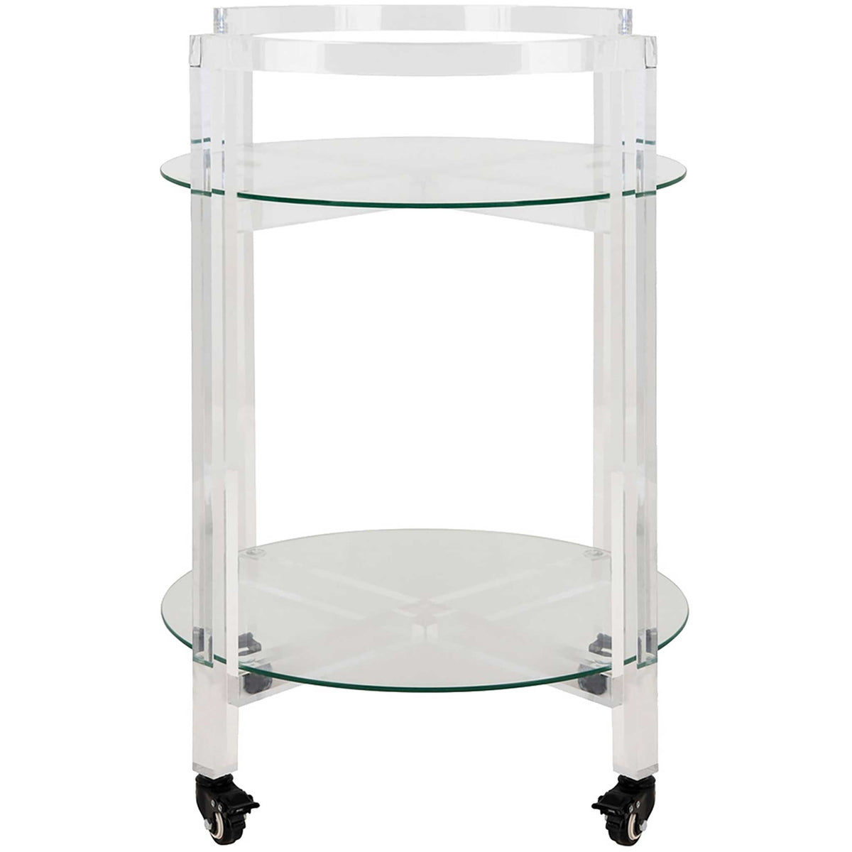 A clear acrylic frame, rounded glass shelves, and black casters create a sleek serving cart. || SFV3104A || front_studio