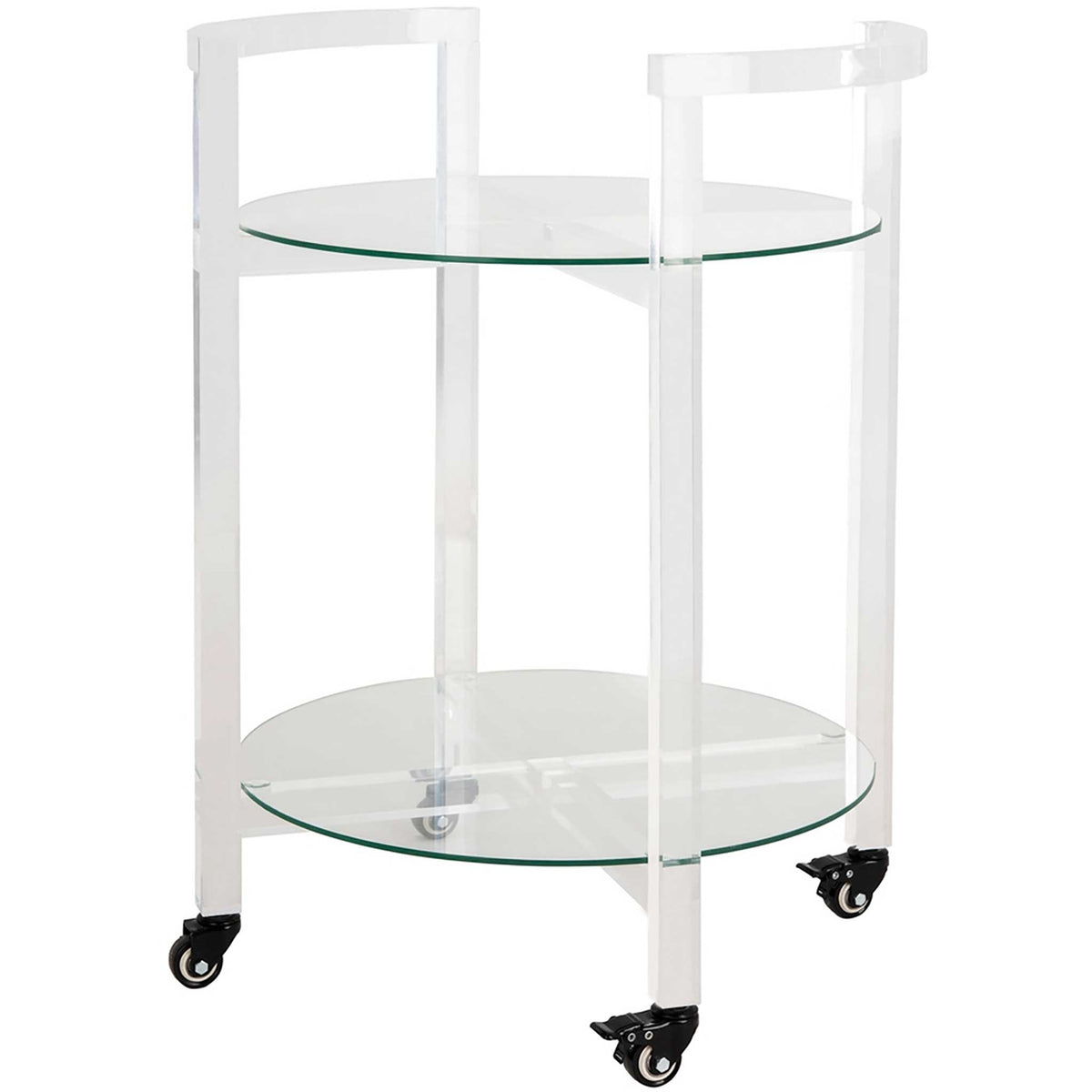 Curved acrylic rails frame two glass tiers on a clear rolling bar cart. || SFV3104A || front_angle_studio
