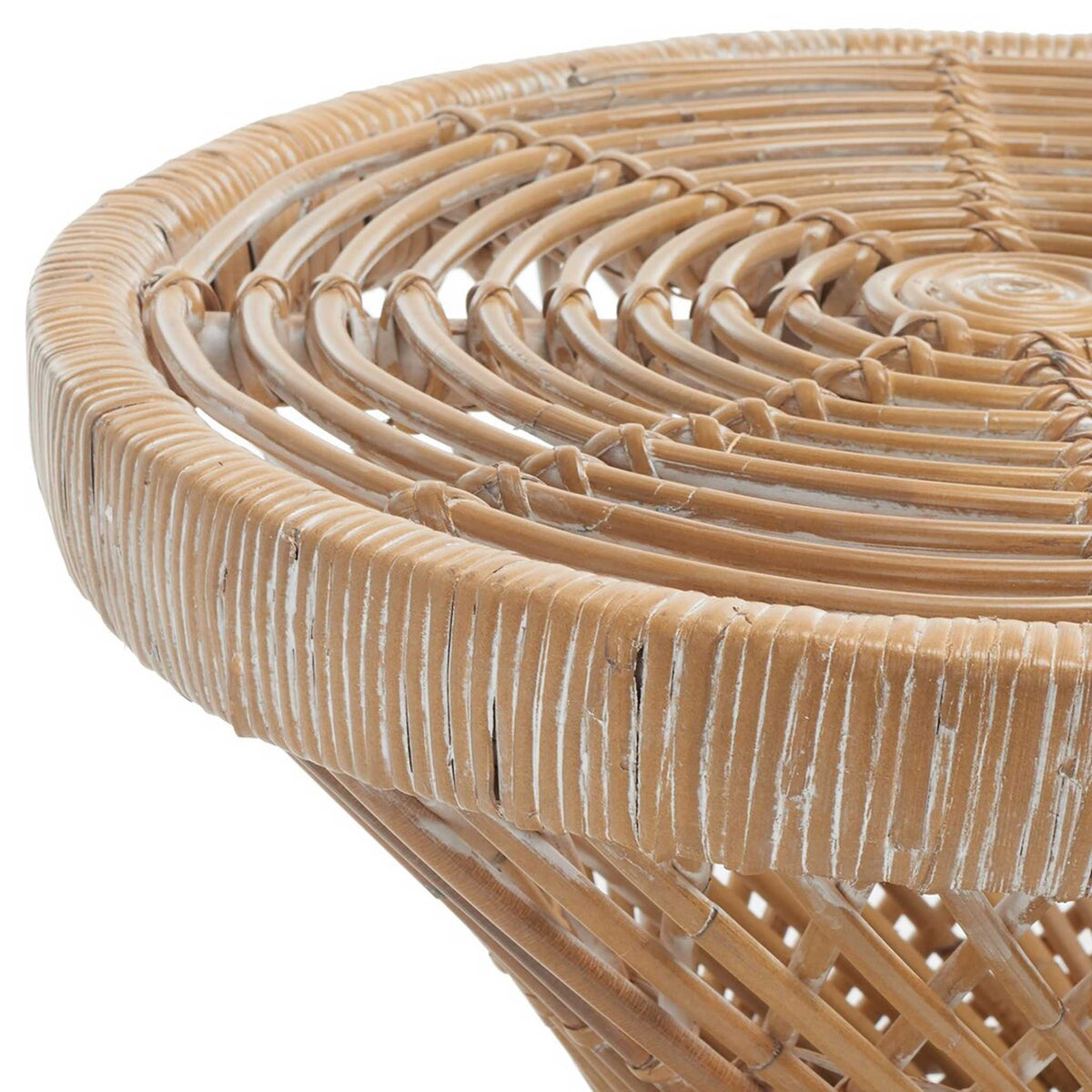Coiled rattan tabletop features tightly wrapped edging and a softly distressed whitewash