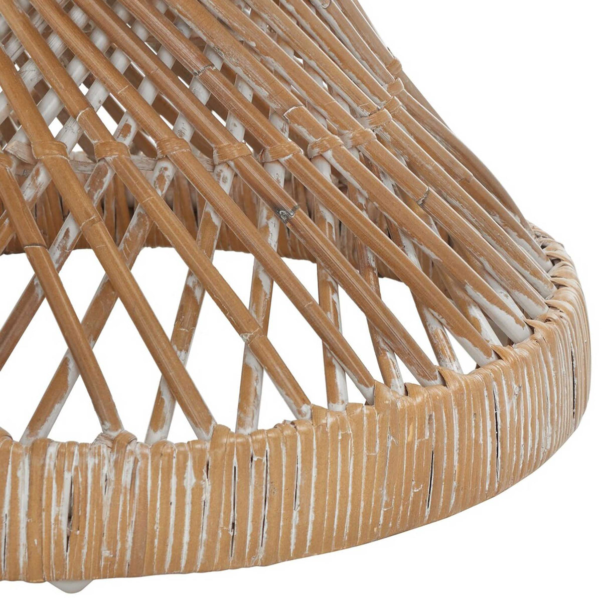 Crossed rattan strands flare into a wide, wrapped base with a lightly whitewashed finish