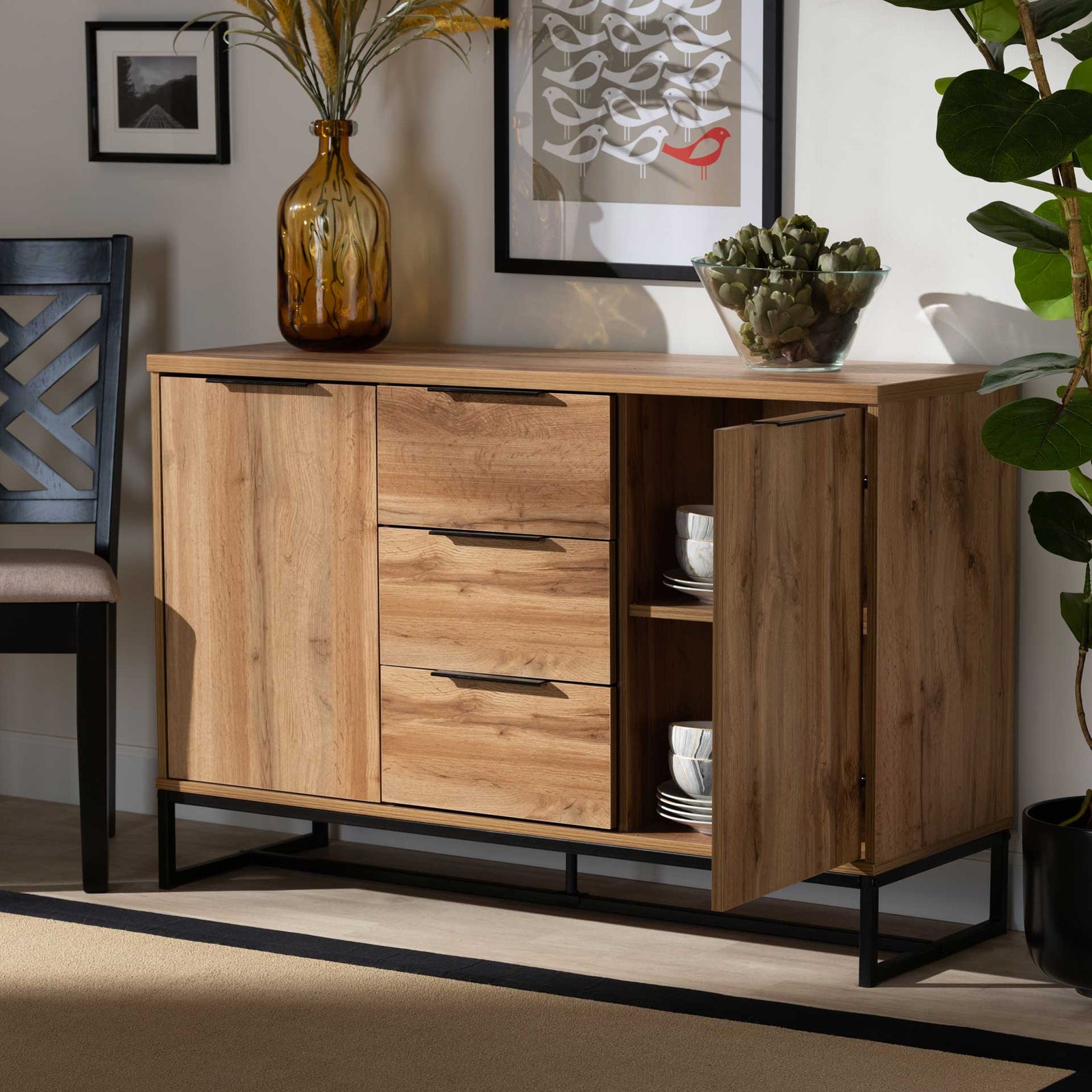Realyn 3-Drawer Sideboard Oak/Black