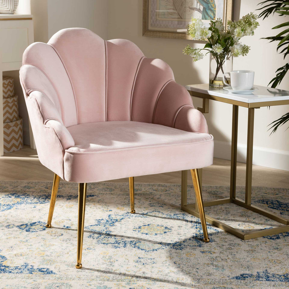 Ciarra Velvet Fabric Upholstered Chair Light Pink/Gold