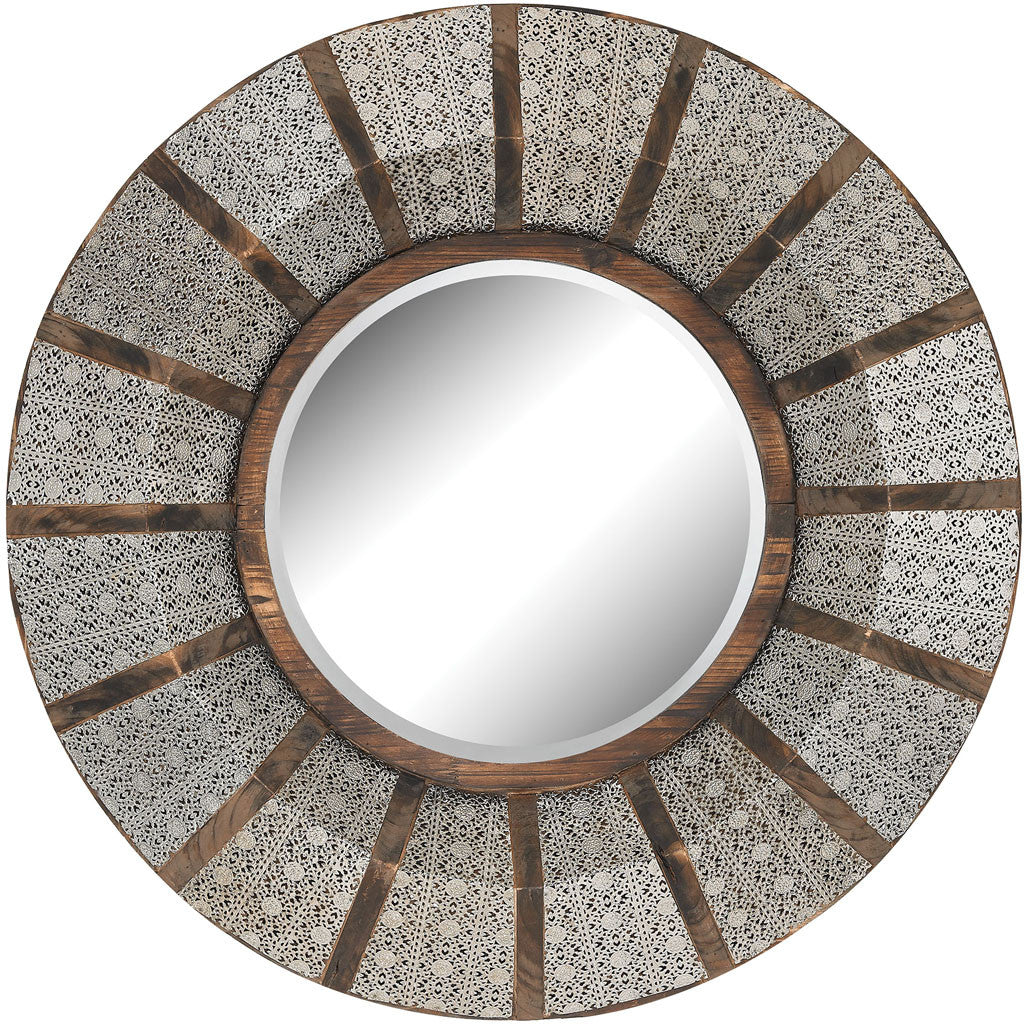 Tangier Wood/Pierced Metal Round Mirror