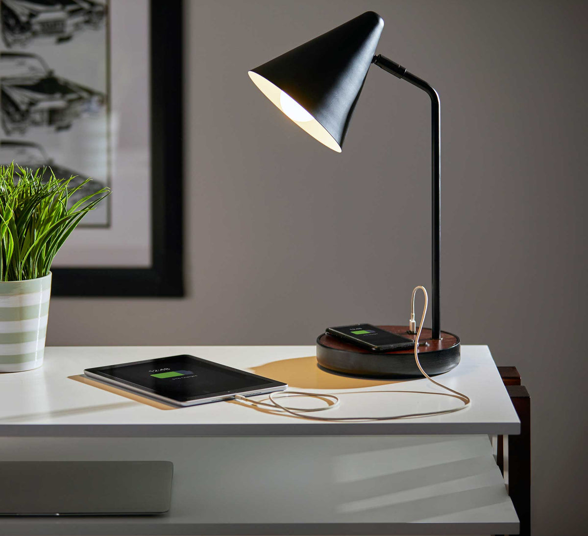 Orvault Wireless Charge Desk Lamp Black/Walnut