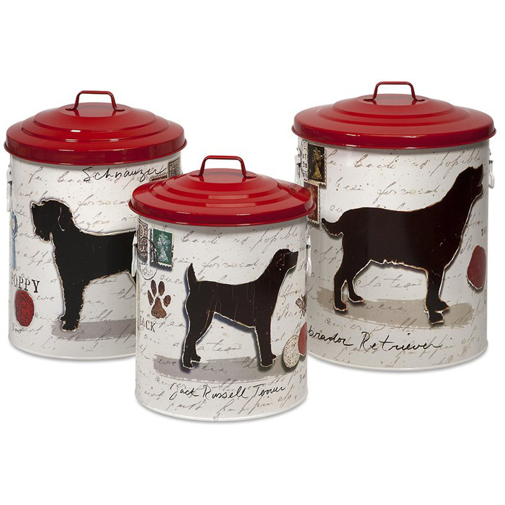 Dog Food Storage Canisters w/ Dog Images & Red Lids (Set of 3)
