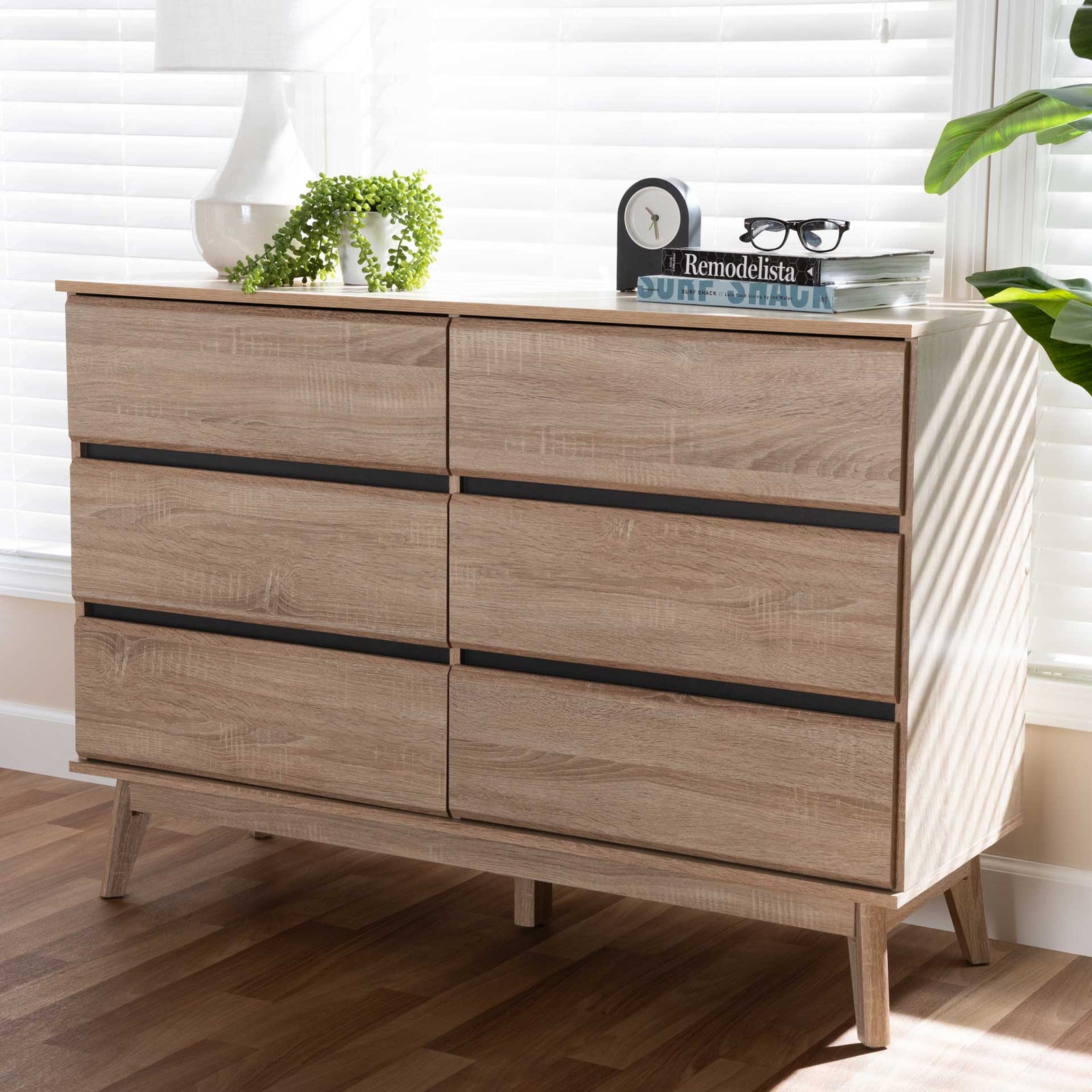 Miabella 6-Drawer Dresser Oak/Dark Gray