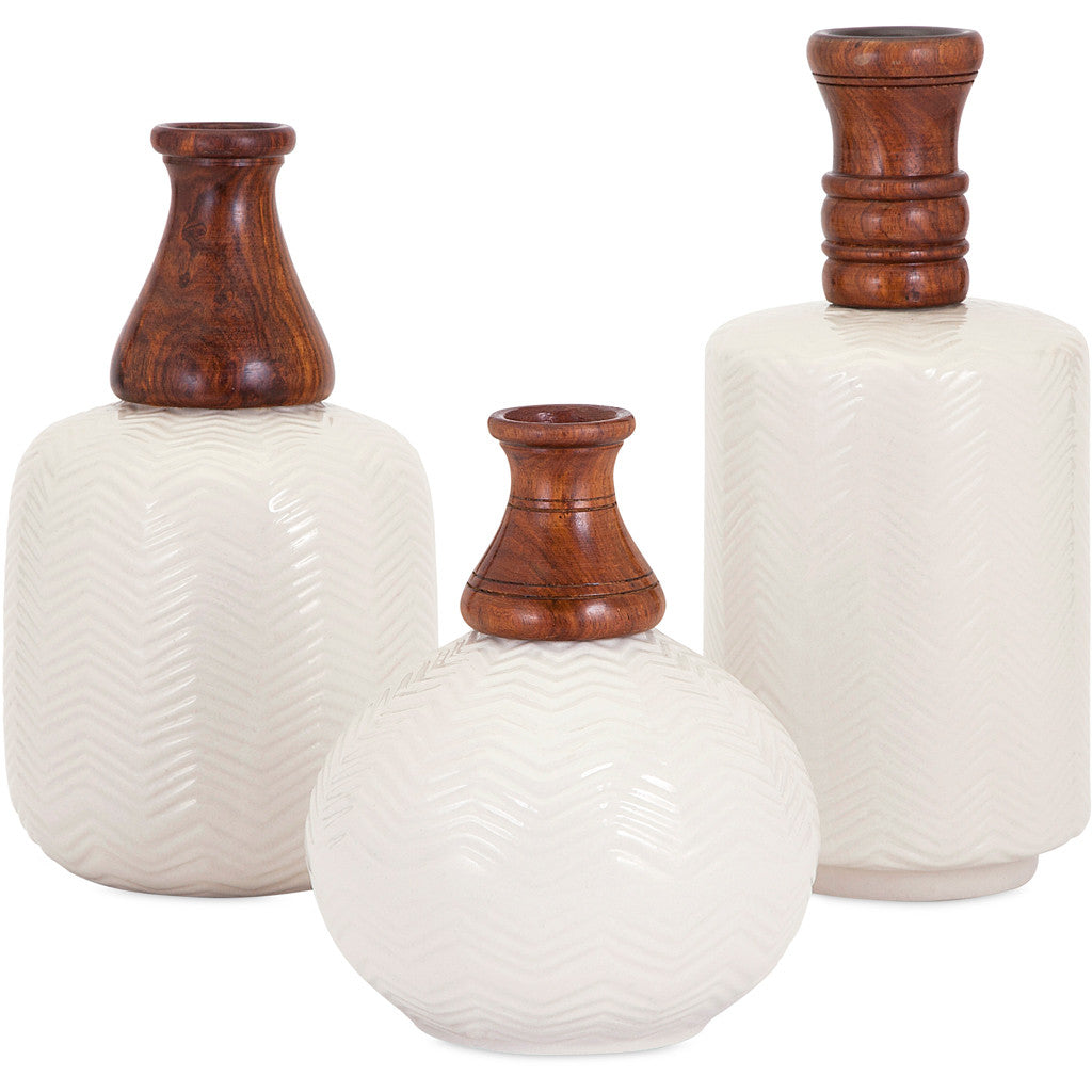 Bains Kushnick Wood Topped Ceramic Vases (Set of 3)